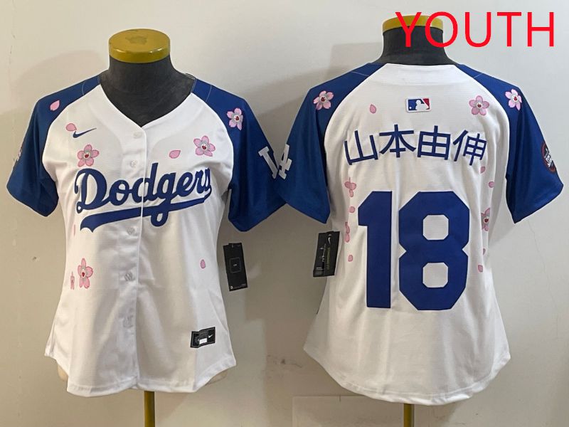 Youth Los Angeles Dodgers #18 Yamamoto White Blue Sakura Edition 2025 Nike MLB Jersey style 10